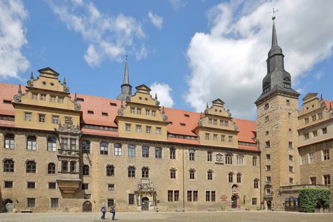 Inner courtyard with tower of the castle built in 1265, art history museum, landmark, Merseburg,