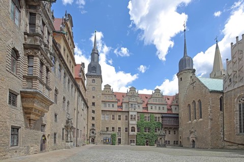 Inner courtyard with tower of the castle built in 1265 and cathedral, art history museum, landmark,