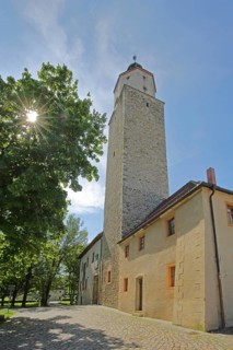 Castle with tower and museum in backlight, sunbeams, Lützen, Saxony-Anhalt, Germany