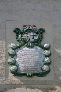 Coat of arms with text at the entrance to the castle and museum, detail, Lützen, Saxony-Anhalt,