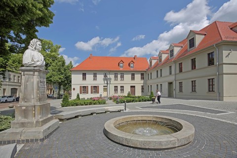 Bach monument, bust, Johann Sebastian Bach, sculpture, monument, fountains and houses, Bachplatz,