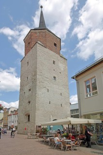 Hallescher Turm built in 1452, historic town tower, street pub, with people, Hallescher Turm,