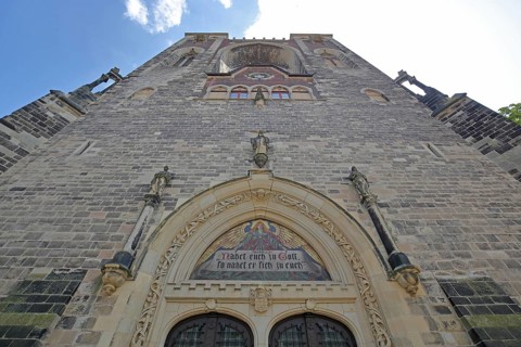 Portal of the late Gothic St Jacob's Church, view upwards, perspective, Köthen, Saxony-Anhalt,