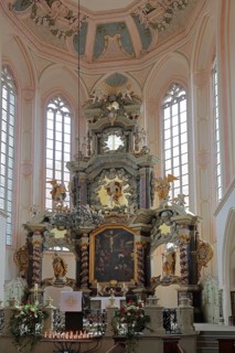 Chancel of the baroque, high altar, interior view, paintings, decorations, arts and crafts, St.