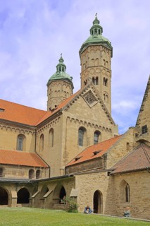 Late Romanesque UNESCO Cathedral of St Peter and St Paul with twin towers, inner courtyard with