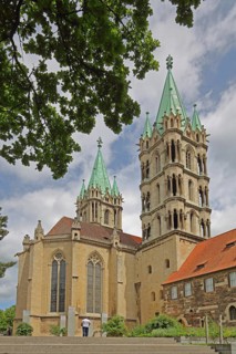Late Romanesque UNESCO Cathedral of St Peter and Paul with twin towers, landmark, Saale, Naumburg,