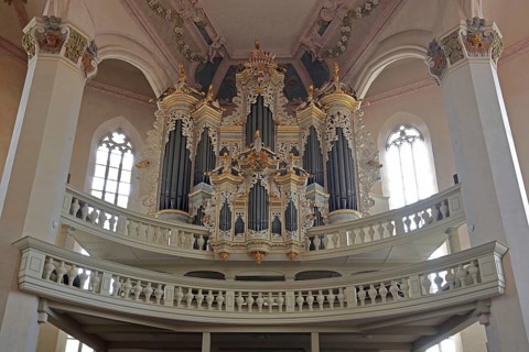 Organ of the baroque town church, pulpit dome, soundboard, pulpit canopy, interior view, St