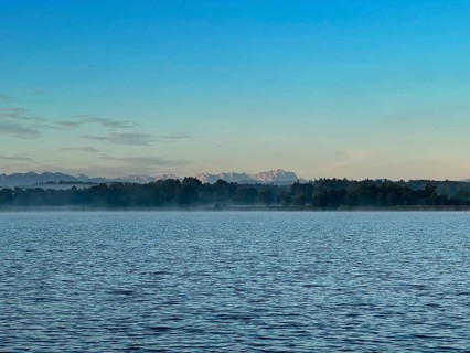 View over Lake Starnberg to the Zugspitze, Bavaria, Germany