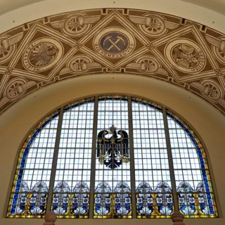 A stained glass window in the railway station with an imperial eagle is a reminder of the imperial