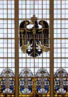 A stained glass window in the railway station with an imperial eagle is a reminder of the imperial