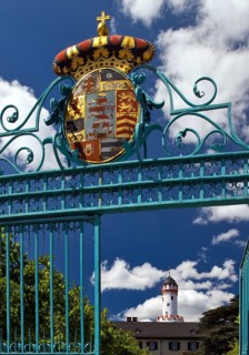 Entrance gate to Bad Homburg vor der Höhe Castle with the White Tower, Hesse, Germany