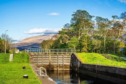 Caledonian Canal, Caol Beach and Nevis Range Mountains, Corpach, Fort William, Highland, Scotland,