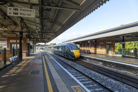 GWR British Rail Class 800 Inter City Express train arriving at platform, Westbury, Wiltshire,