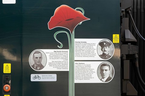 First World War remembrance staff biographies on side of Great Western Railway train, England, UK