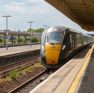GWR British Rail Class 800 Inter City Express train arriving at platform, Taunton railway station,