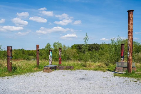 Stelae on the viewing platform at Lake Lippe, reservoir, Sande, Paderborn, Westphalia, North