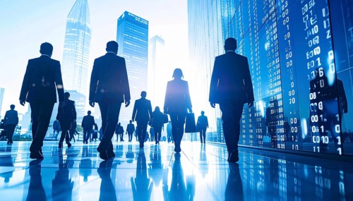 Business, abstract background, blur computer code, silhouette of walking people in a hall, blue