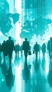 Business, abstract background, blur computer code, silhouette of walking people in a hall, blue