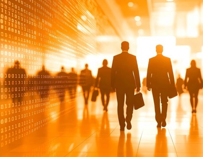 Business, abstract background, blur computer code, silhouette of walking people in a hall, orange
