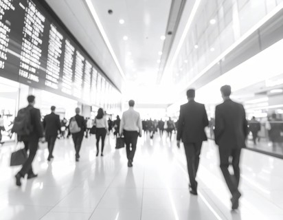 Business, abstract background, blur computer code, silhouettes of walking people, monochromatic