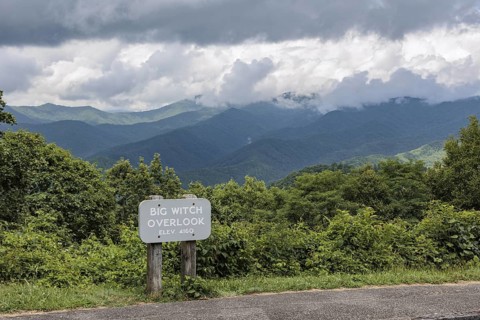 Sign at Big Witch Overlook along the Blue Ridge Parkway in the Smoky Mountains near Cherokee, North