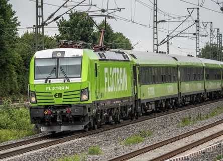 Flixtrain train on the route between Bochum and Dortmund, North Rhine-Westphalia, Germany