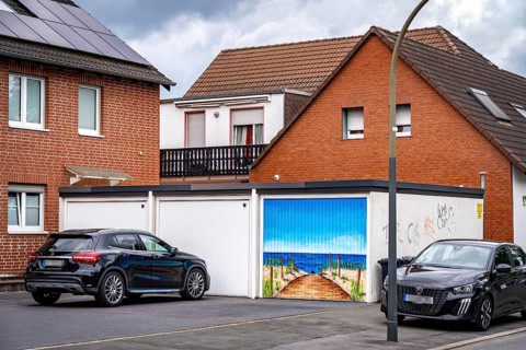 Residential neighbourhood, residential street in Dortmund-Marten, multi-family houses, garages, one