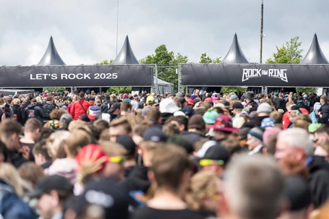 Festival visitors in front of the main entrance at the Rock am Ring Festival on Friday, Nürburgring