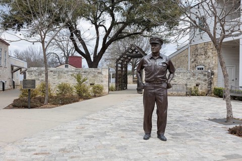 Bronze sculpture of Admiral Chester W. Nimitz by artist Rip Caswell at the Nimitzplatz plaza in