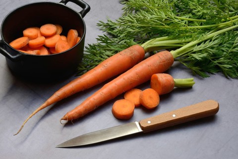 Carrots with leafy greens, carrot slices, Daucus carota