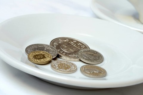 Tip, Swiss coins on plate, Switzerland
