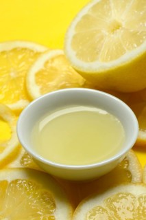 Lemon juice in peel and lemon slices, Citrus x limon