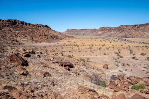 Barren landscape in a valley, Twyfelfontein, Kunene, Namibia