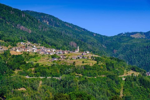 Capriana on the mountainside, from the Comuna di Valfloriana, Cembra Valley, Val di Cembra,