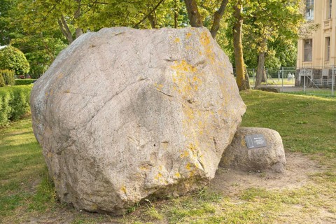 Giant boulder red gneiss (meta-granite), beach promenade, Baltic resort Kühlungsborn, West