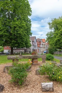 Forecourt of St Crucis Church, Bad Sooden, Allendorf, Allendorf district, roses with fieldstones,