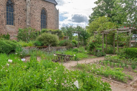 Church and Bible garden of St. Crucis Church, Bad Sooden, Allendorf, Allendorf district, symbol for
