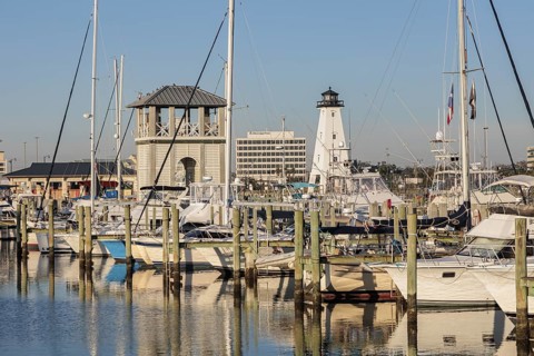 Sailboats and fishing boats docked in the Small Craft Harbor at Gulfport, Mississippi, USA