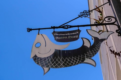 House sign, fish, fishing equipment, Passau, Lower Bavaria, Bavaria, Germany