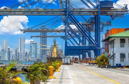 Busy international industrial port with freight and shipment docks and cargo containers