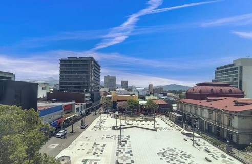 Costa Rica, colorful San Jose streets in historic city center plaza. Caribbean cruise vacation