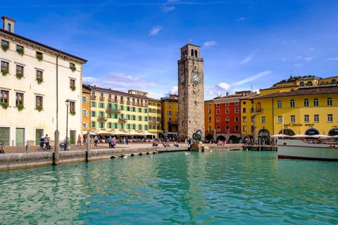 Harbour basin with Piazza Novembre with Torre Apponale, Riva del Garda, Lake Garda, Trentino, Italy
