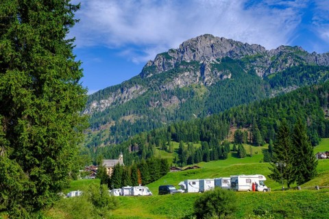 Motorhome site on the Piave, Sappada, Plodn, behind Monte Ferrro, Carnic Alps, Julian Friuli, Italy
