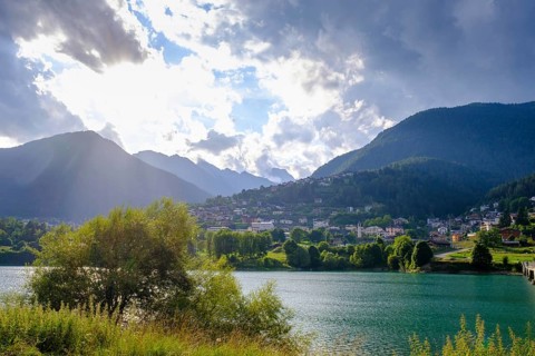 Vallesella at the reservoir, Lago di Centro di Cadore, Pieve di Cadore, Dolomites, Trentino, Italy