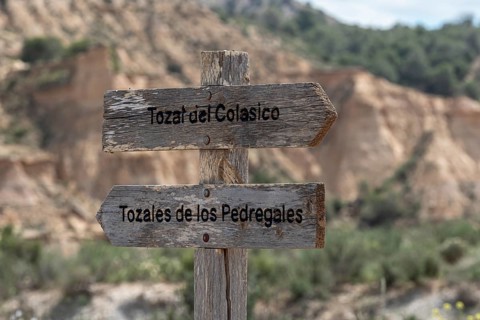 Signpost to sandstone rock formations, gravel road Ruta Jubierre, Desierto de los Monegros, Spain
