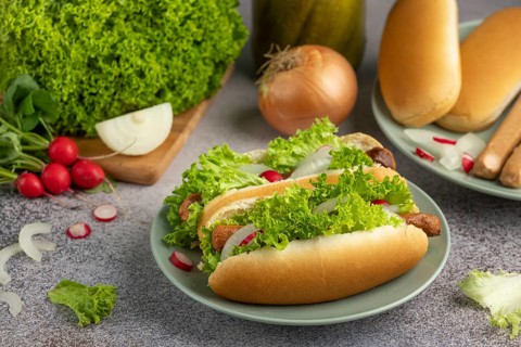 Hot dogs with lettuce, radish and onion on a plate surrounded by ingredients