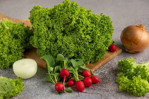 Fresh salad with radishes and onion on a board
