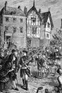British troops march into Boston, the capital of Massachusetts Bay Province, in 1768 to protect and