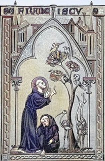 St Francis of Assisi, in conversation with the birds. After a miniature from the 13th century,