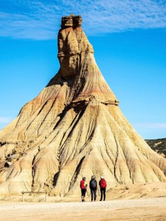 Castildetierra rock formation, tourists, semi-desert, Bardena Blanca area, Bardenas Reales Nature